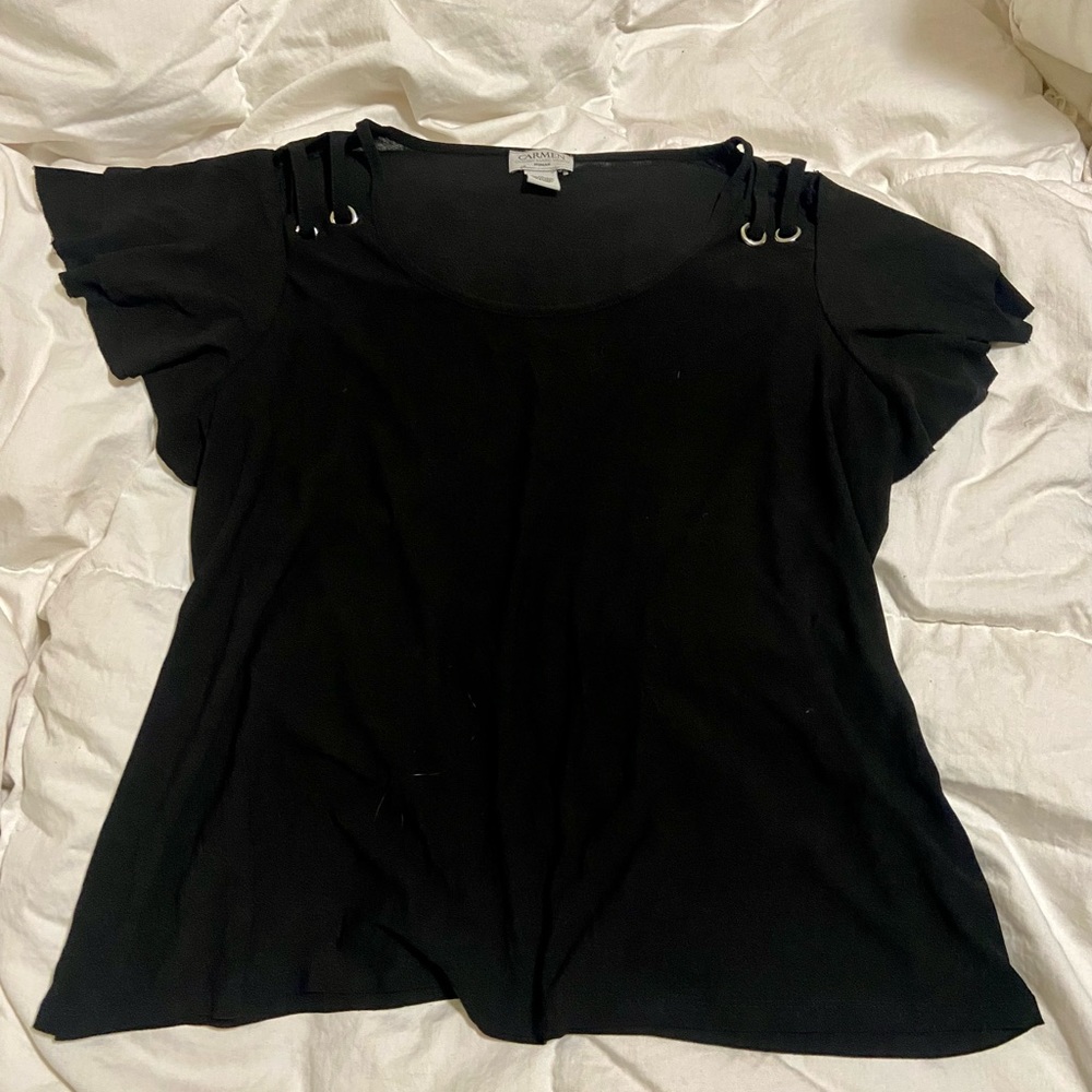 Carmen Marc Valvo shirt sleeve blouse with embellishment on ea side